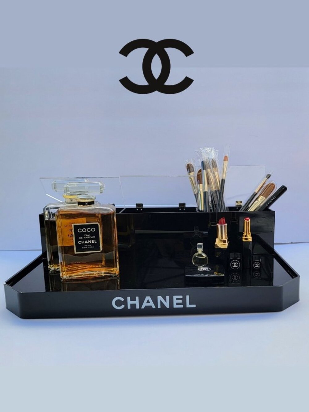 CHANEL black acrylic organizer, tray, caddy for makeup, perfume & makeup brushes